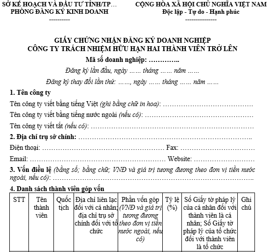 Mẫu giấy chứng nhận đăng ký công ty TNHH 2 thành viên