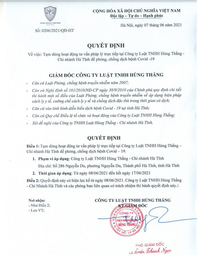 Thông Báo Tạm Ngừng Hoạt Động Tư Vấn Pháp Lý Trực Tiếp – Chi Nhánh Hà Tĩnh